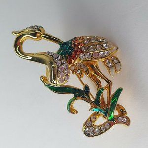Vintage Pink Flamingo Gold Tone Rhinestone Appx 2.25 inch Brooch Pin